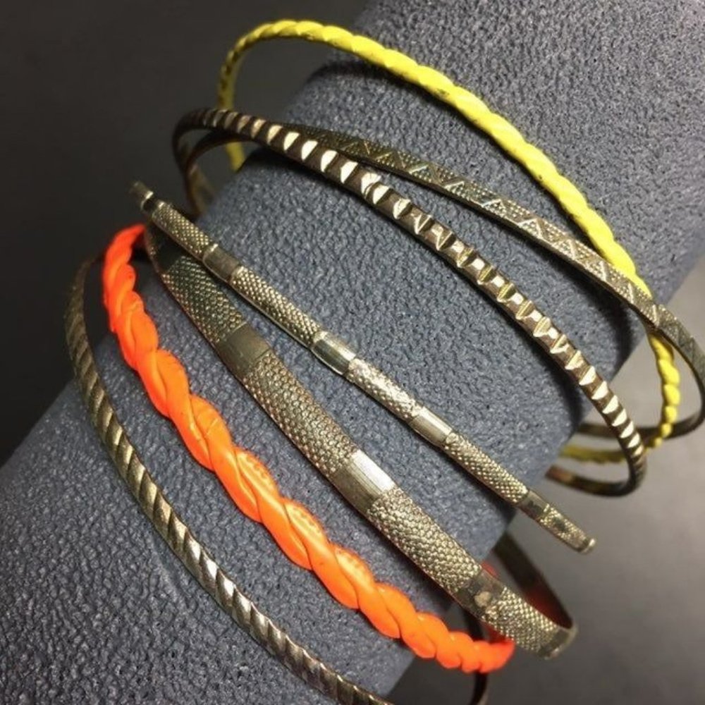 Bangle Bracelet Lot Of 7 Silver Textured Neon Orange Yellow Enamel Retro BoHo